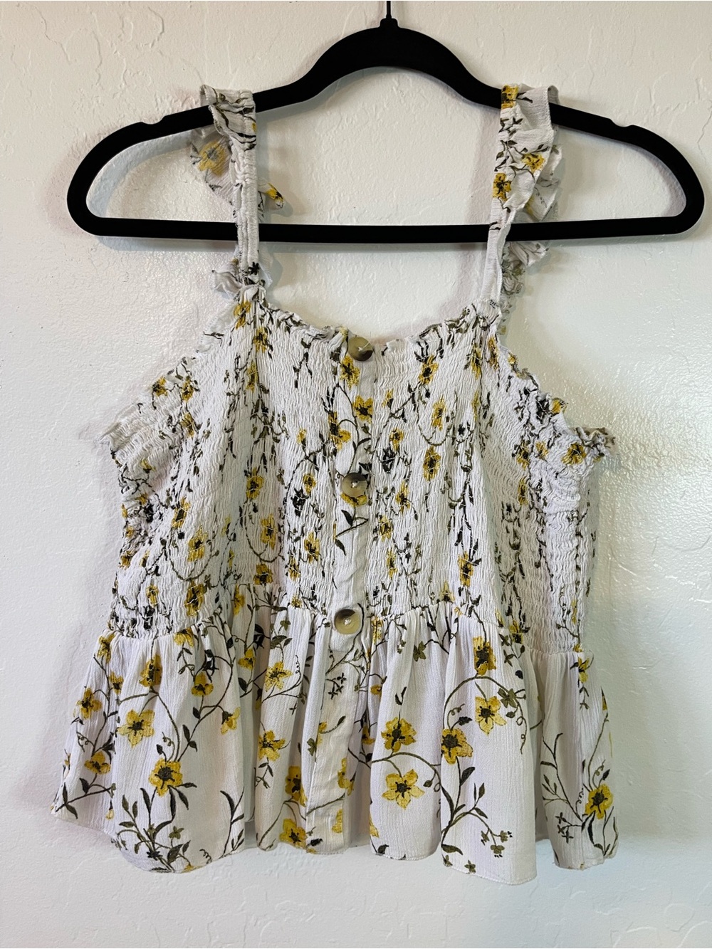 Smocked Floral Ruffle-Strap Camisole in White & Yellow